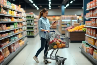 Femme faisant ses courses dans un supermarché ouvert le dimanche à Montpellier
