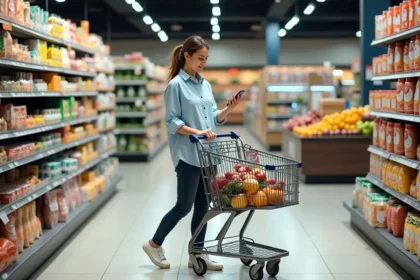 Femme faisant ses courses dans un supermarché ouvert le dimanche à Montpellier