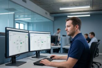 Technicien informatique supervisant une plateforme d'automatisation unifiée sur deux écrans dans un bureau moderne