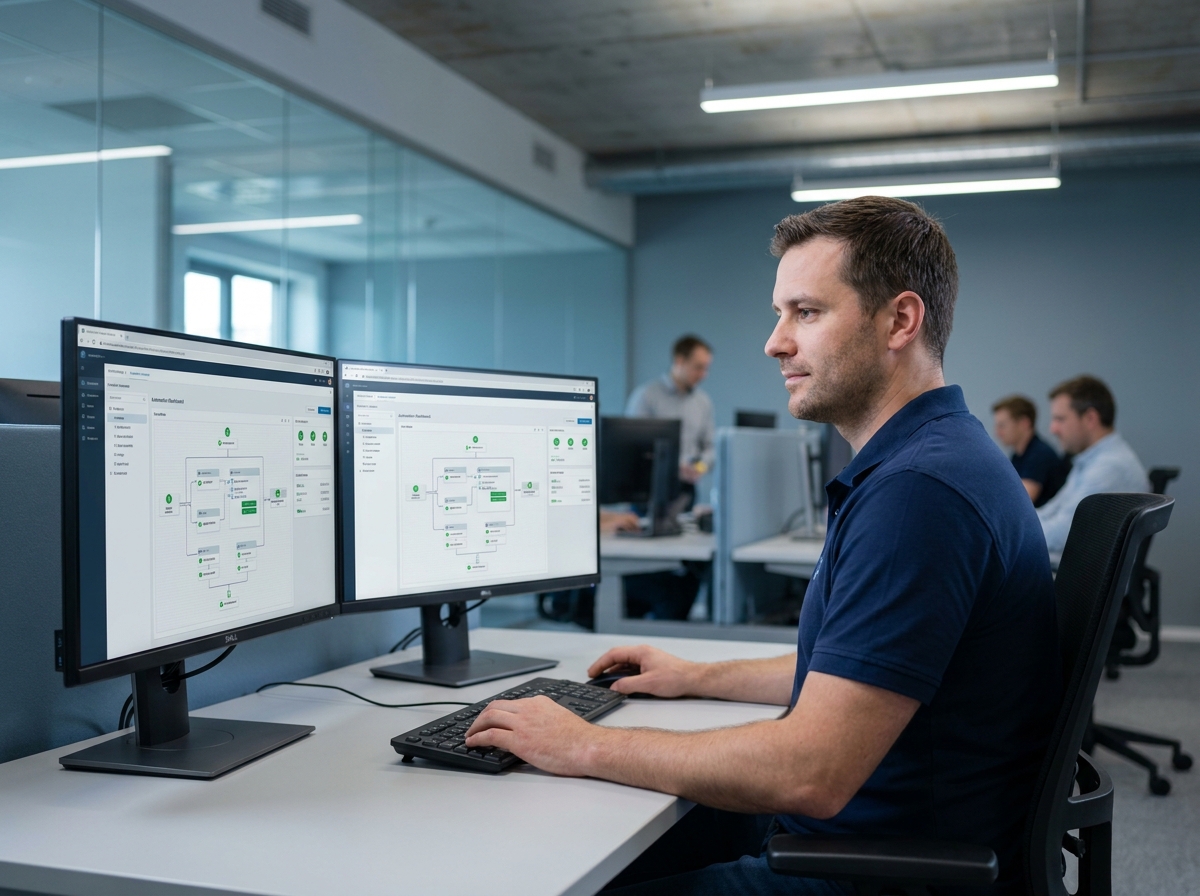 Technicien informatique supervisant une plateforme d'automatisation unifiée sur deux écrans dans un bureau moderne