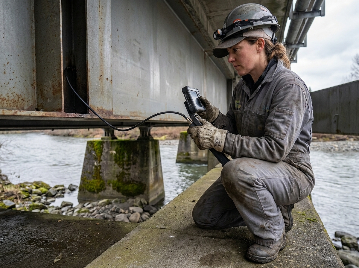 Technicien inspectant une structure avec un vidéoscope en extérieur