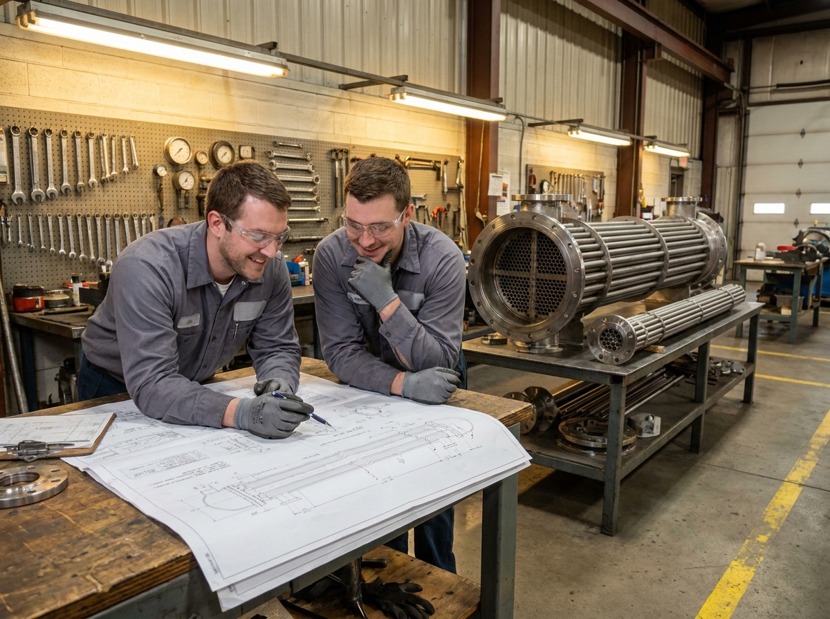 Deux techniciens analysant les plans d'un échangeur tubulaire démonté dans un atelier de maintenance industrielle