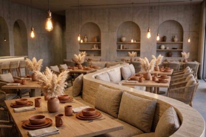 Intérieur de restaurant tendance avec banquettes en travertin, vaisselle en céramique terracotta et herbes de pampa séchées sur des tables en chêne brut