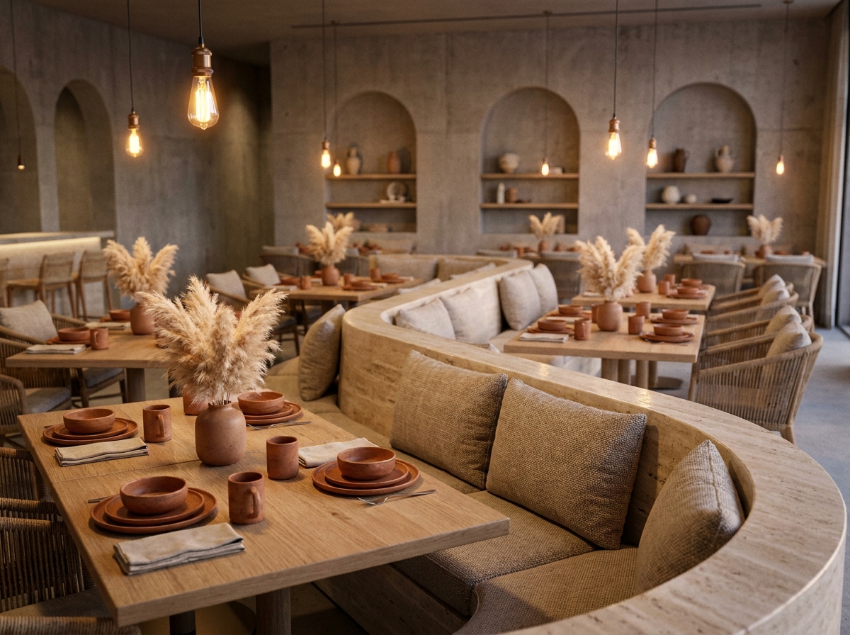 Intérieur de restaurant tendance avec banquettes en travertin, vaisselle en céramique terracotta et herbes de pampa séchées sur des tables en chêne brut