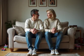 Couple d'adultes séparés dans un salon familial