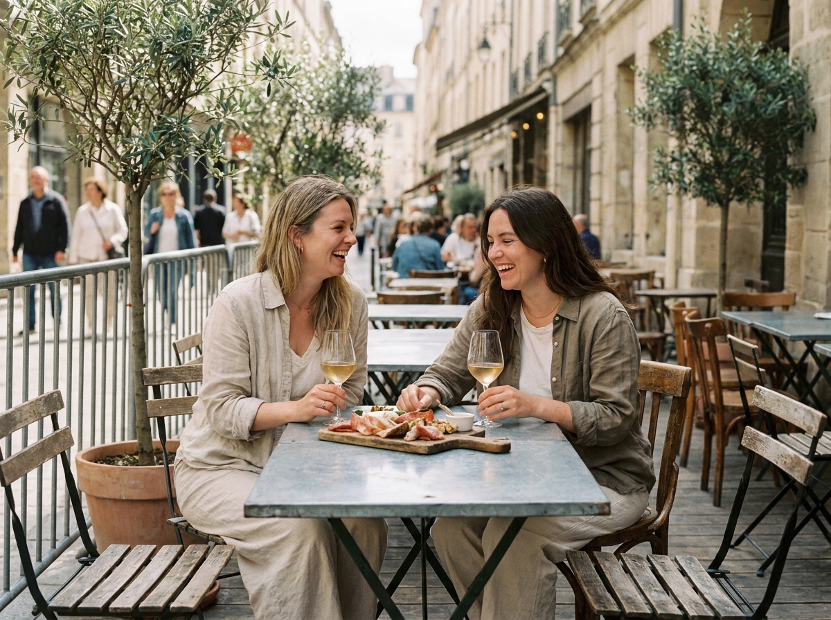 Terrasse de bistrot urbain tendance avec mobilier récupéré et deux femmes partageant une planche de charcuterie et du vin naturel dans une ambiance décontractée
