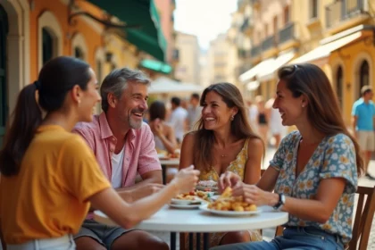 Groupe d'amis profitant d'une terrasse de café animée dans un quartier nord de Marseille