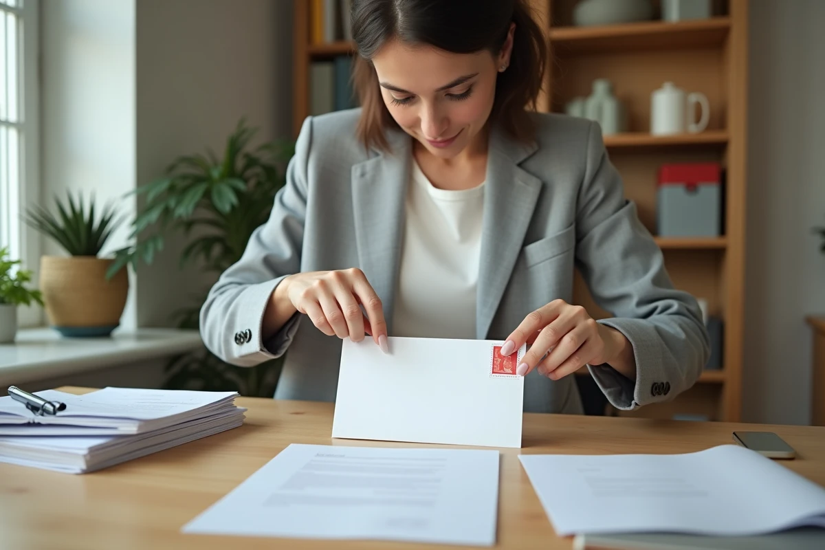 Femme collant un timbre sur une enveloppe contenant un CV à son bureau à domicile