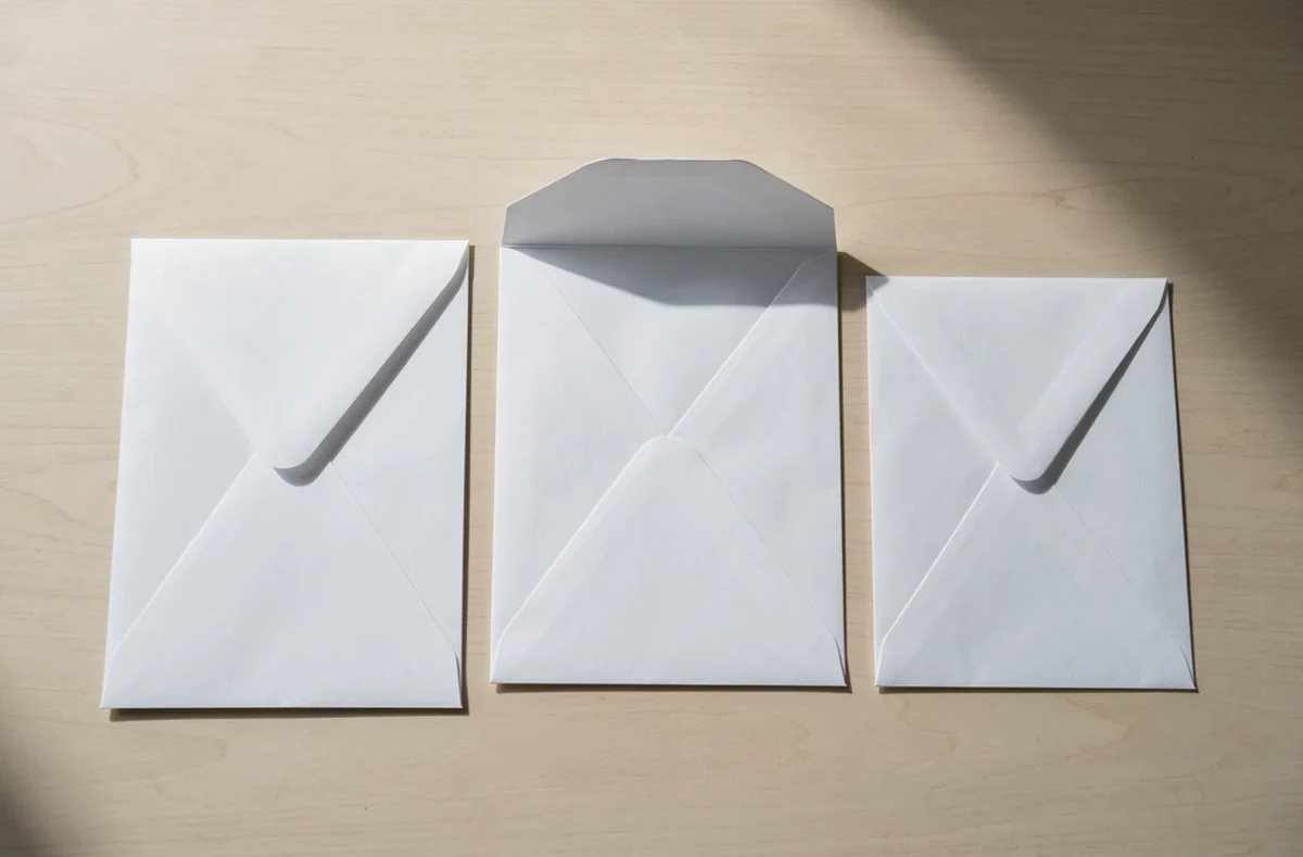 Trois enveloppes de tailles différentes alignées sur une table