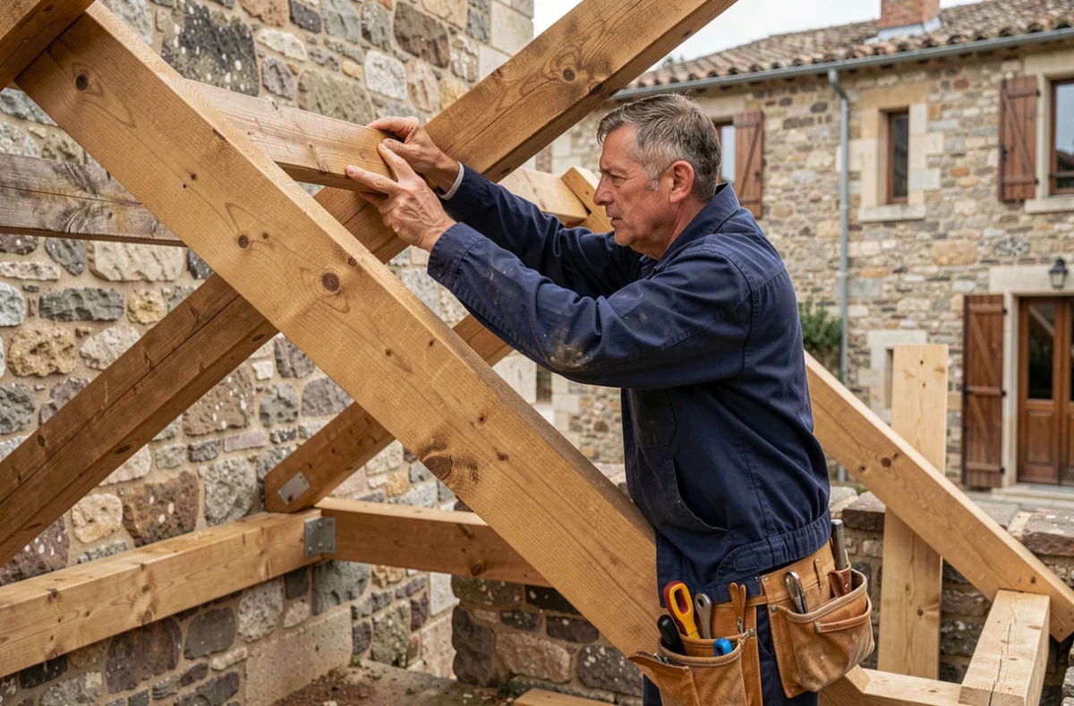 Couvreur charpentier UHLMANN posant des poutres en bois sur une charpente traditionnelle à Aubenas