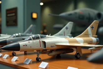 Trois maquettes de variantes du F-4 Phantom II exposées côte à côte dans un musée de l'aviation, illustrant les différences visuelles entre versions