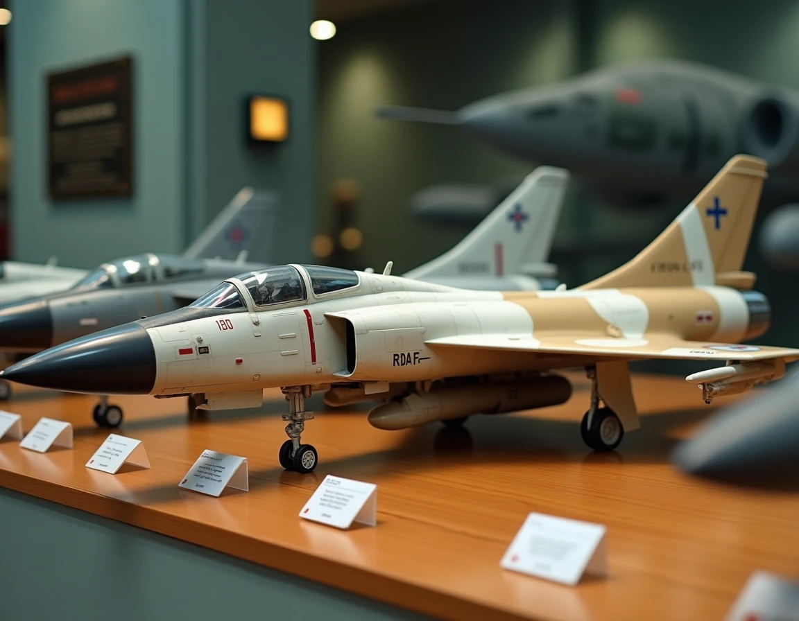Trois maquettes de variantes du F-4 Phantom II exposées côte à côte dans un musée de l'aviation, illustrant les différences visuelles entre versions