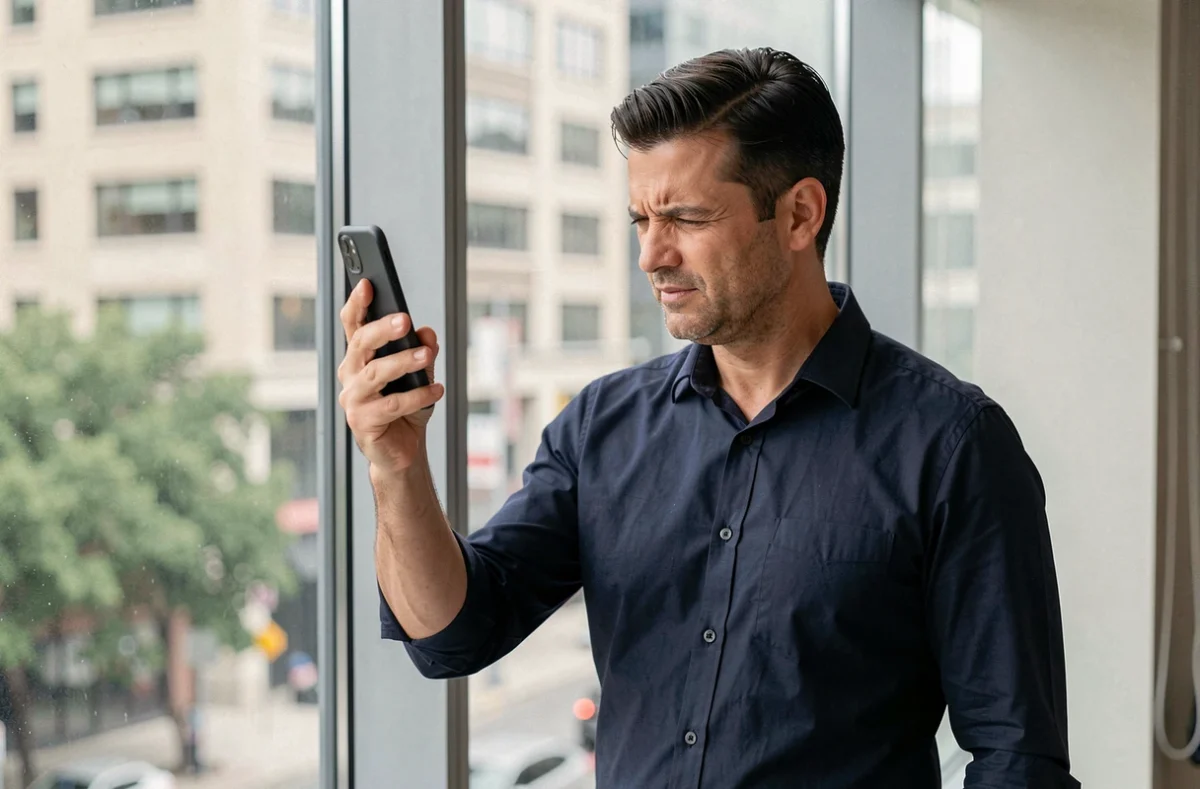 Homme vérifiant un appel manqué d'un numéro inconnu sur son téléphone dans un appartement urbain