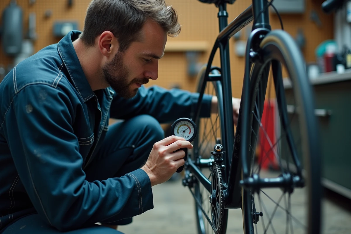 Mécanicien vélo vérifiant la pression des pneus en psi avec une jauge analogique dans un atelier de réparation