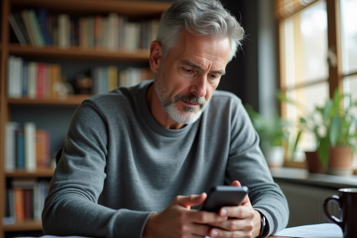 Homme vérifiant l'authenticité d'une URL sécurisée sur smartphone pour éviter les sites frauduleux