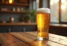 Verre de bière fraîche avec condensation en ambiance naturelle