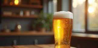 Verre de bière fraîche avec condensation en ambiance naturelle