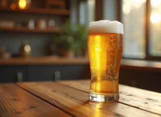 Verre de bière fraîche avec condensation en ambiance naturelle
