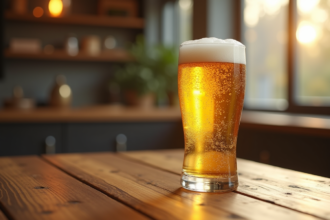 Verre de bière fraîche avec condensation en ambiance naturelle
