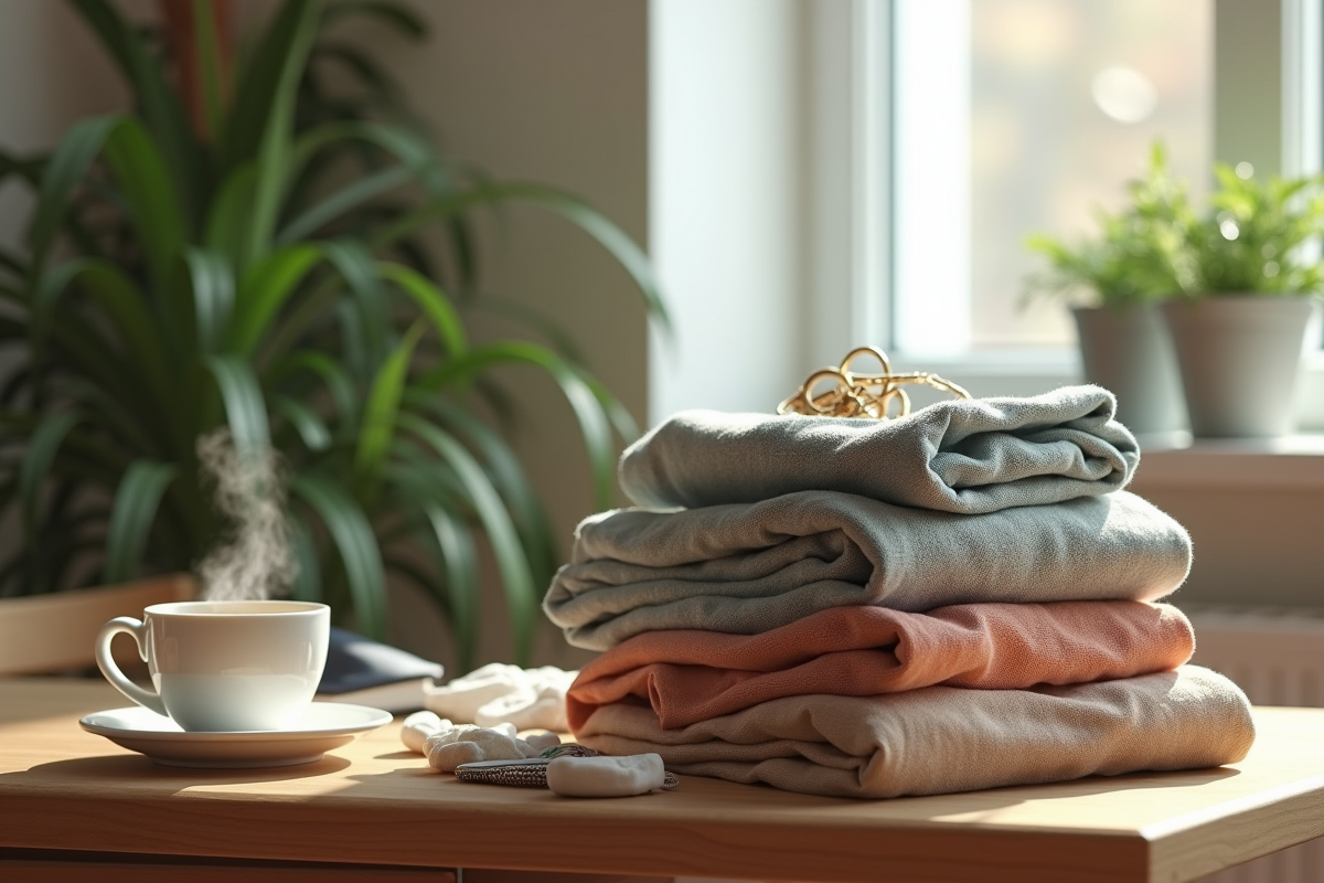 Vêtements vintage pliés sur une table avec café et plantes vertes