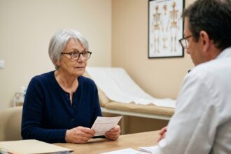 Femme senior de 65 ans lors d'une visite médicale pour le contrôle du permis de conduire en Normandie