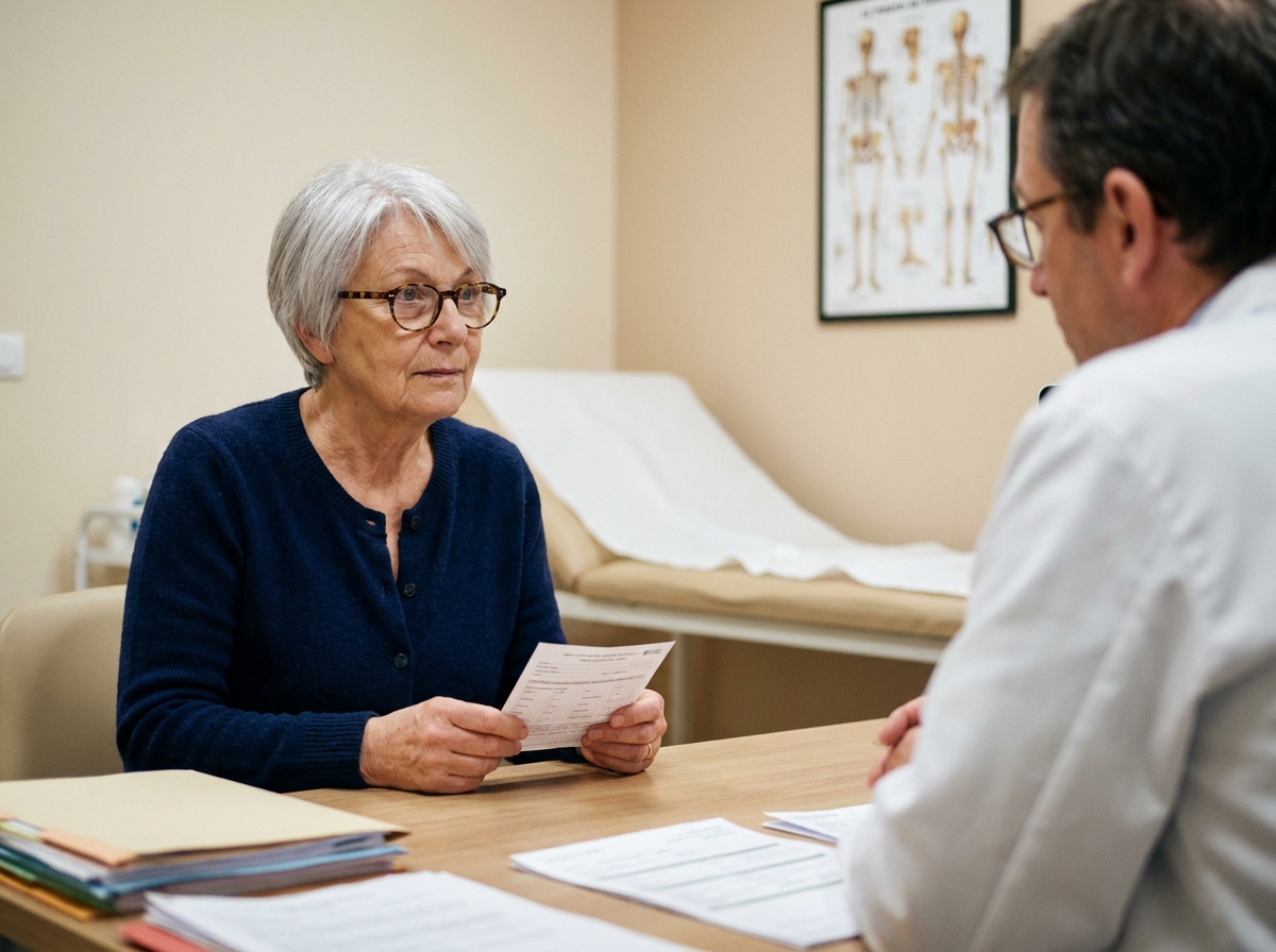 Femme senior de 65 ans lors d'une visite médicale pour le contrôle du permis de conduire en Normandie
