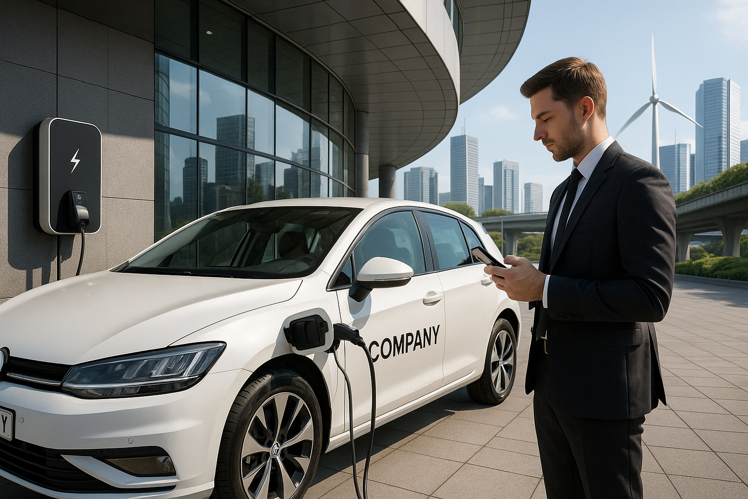 Voiture électrique en charge devant un bâtiment moderne avec ville écologique en arrière-plan