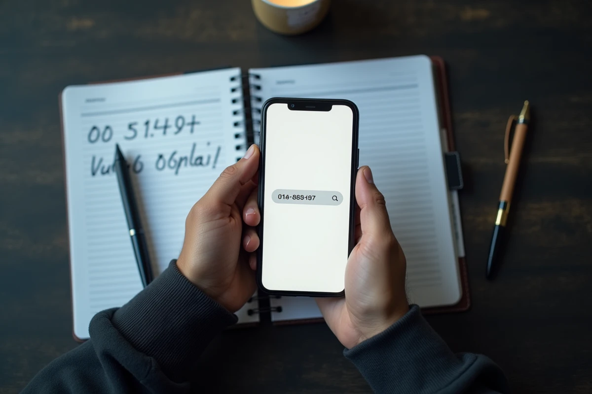 Vue aérienne de mains tenant un smartphone affichant un numéro de téléphone inconnu à identifier grâce à un annuaire inversé, posé sur un bureau en bois avec un carnet de notes