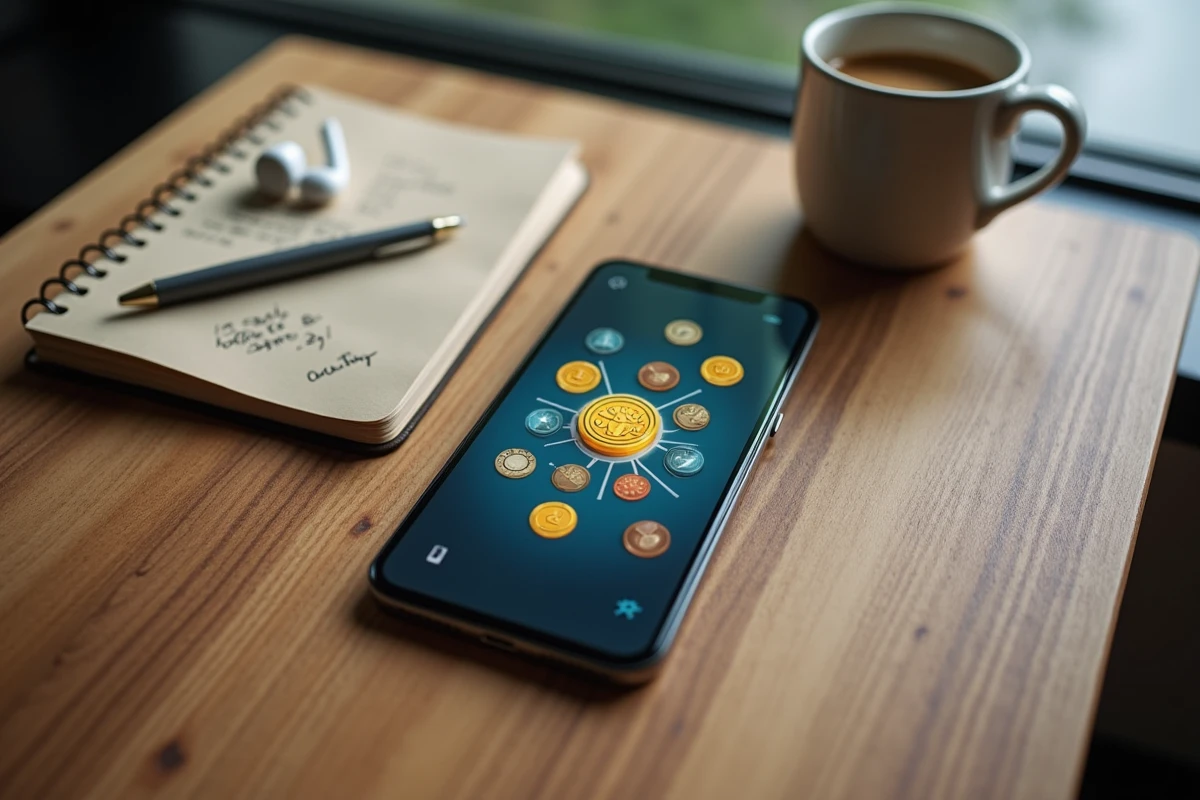 Vue de dessus d'un smartphone affichant une interface de jeu Coin Master avec des pièces virtuelles sur une table en bois