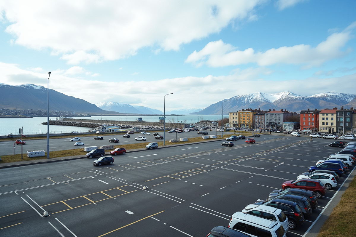 Vue panoramique de Reykjavik avec parking et montagnes en arrière-plan